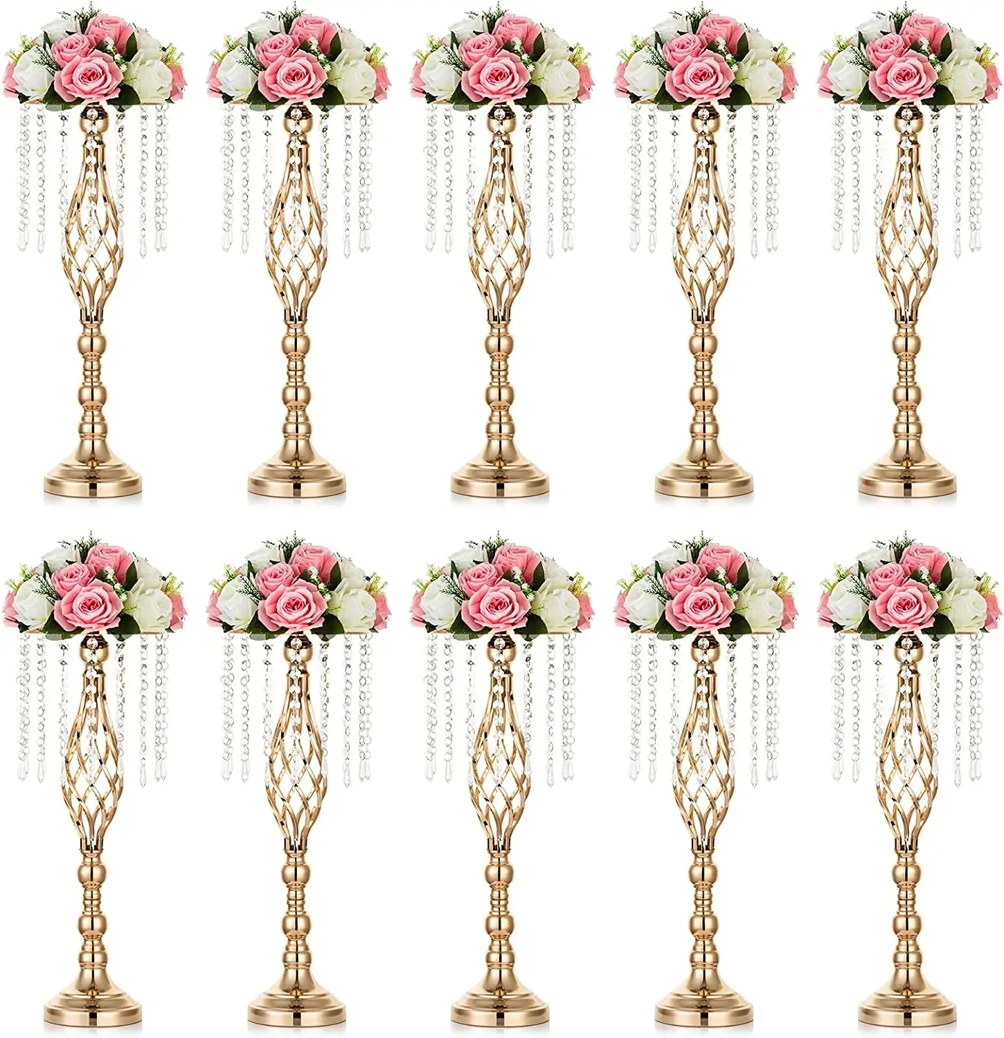 

10 Pcs Gold Vase for Wedding Centerpieces Table Decorations with Chandelier Crystals, Flower Vase, Wedding Metal Flower Stand