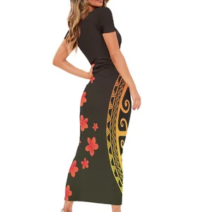 Sexy Round Neck Short Sleeves Women Dresses Polynesian Tribal Frangipani Print Design Girl Night Club Wear Clothes