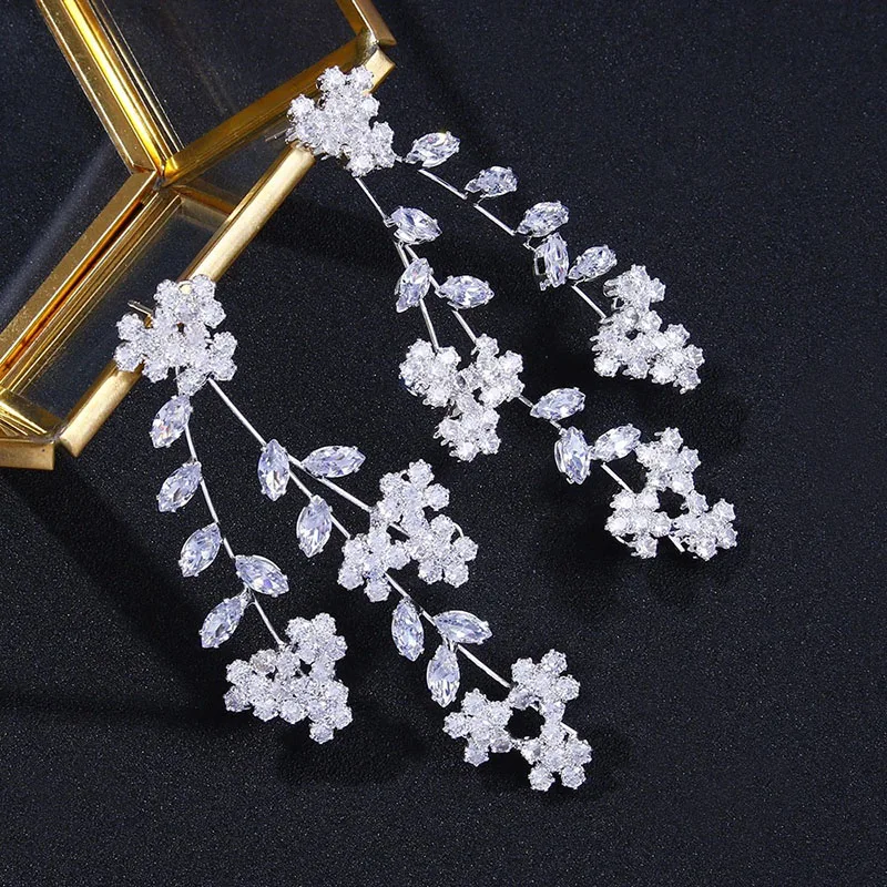 Floralbride Alloy Prong Setting Cubic Zircon Flower Leaf Earrings Bridal Wedding Chandelier Earrings Women Party Dangle Earrings