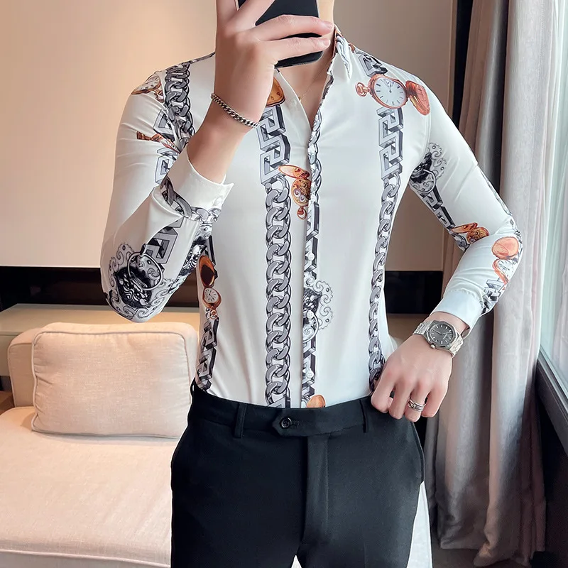 

2021 Autumn Luxury Printed Shirts for Men Long Sleeve Vintage Casual Dress Shirt Slim Fit Social Party Streetwear Chemise Homme