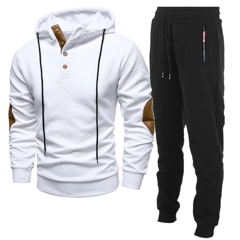 Mens 2 Pieces Pullover Hooded Set Long Sleeve Drawstring Button Sweatshirt Texture Hiking Outdoor Jackets with Baggy Pants