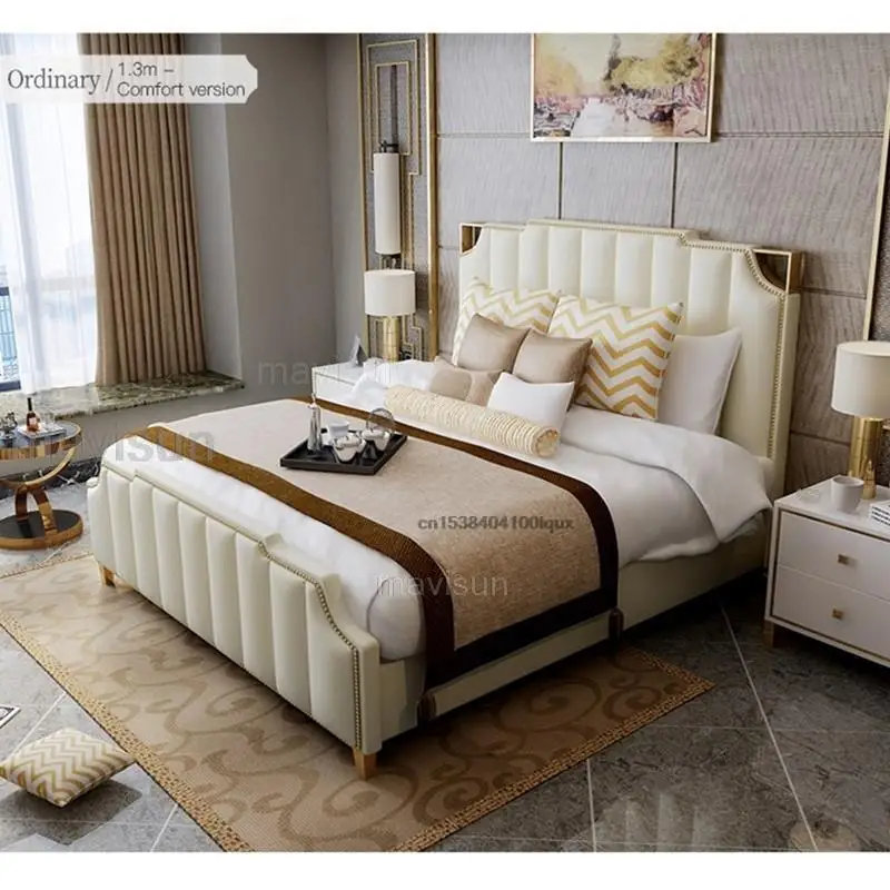 Leather Bed Wooden Bed Light Luxury Double Bed For Bedroom High-end Furniture For Villa With Storage White Leather King Size Bed With 2 Nightstands