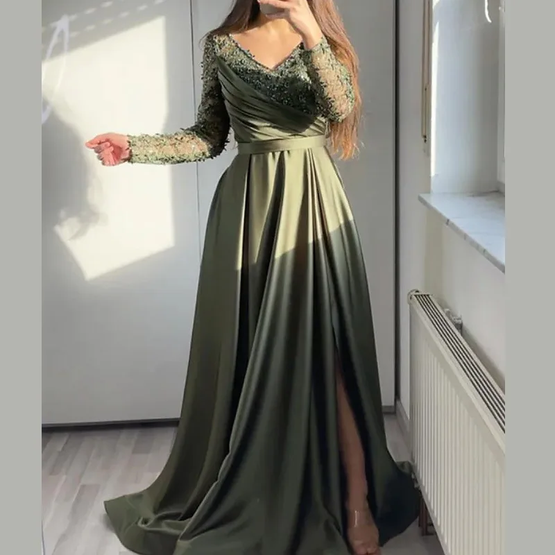 

Elegant Women Evening Party Dress Sexy Lace Long Sleeve V-neck Ruffles Cocktail Prom Gown Split New Maxi Formal Occasion Dresses