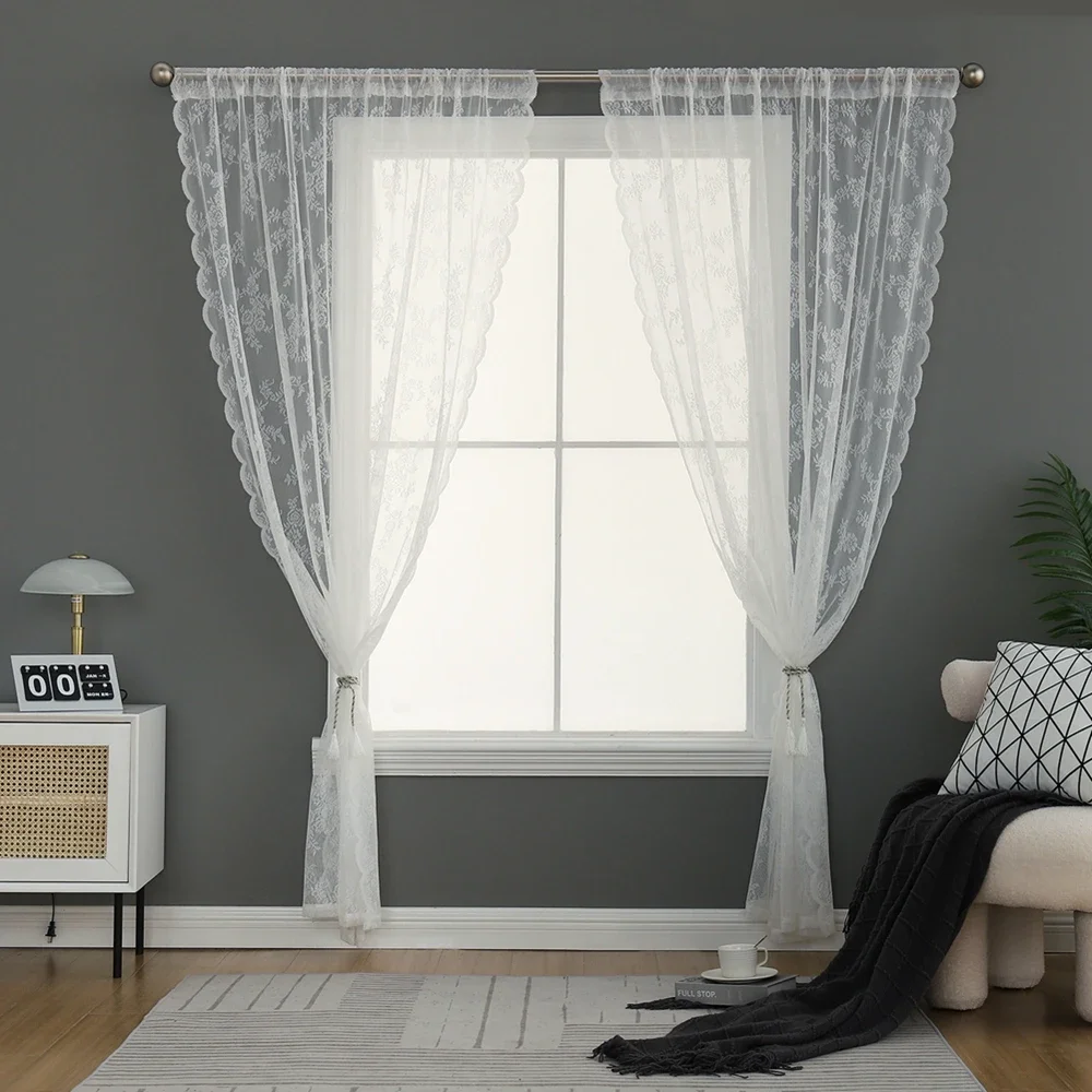 Lace Plant Beauty Flower Curtains 1 Piece Finished Rod Outdoor Pastoral Style White Yarn Curtains Bedroom Convex Window Decoration