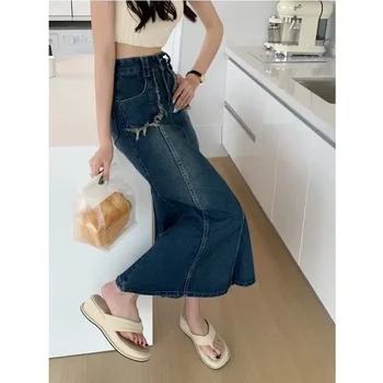 Minigonna in denim retrò taglie forti Gonna longuette a coda di pesce sottile a vita alta da donna Gonna aderente Autunno Nuovo stile plus size Mezza l... 1
