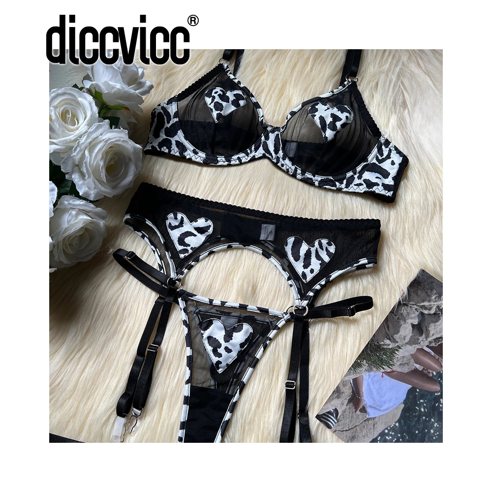 Diccvicc Leopard Love Heart Lingerie Embroidery See Through Mesh Bra Garter Set Intimate Underwear for Women Sexy Lace Design