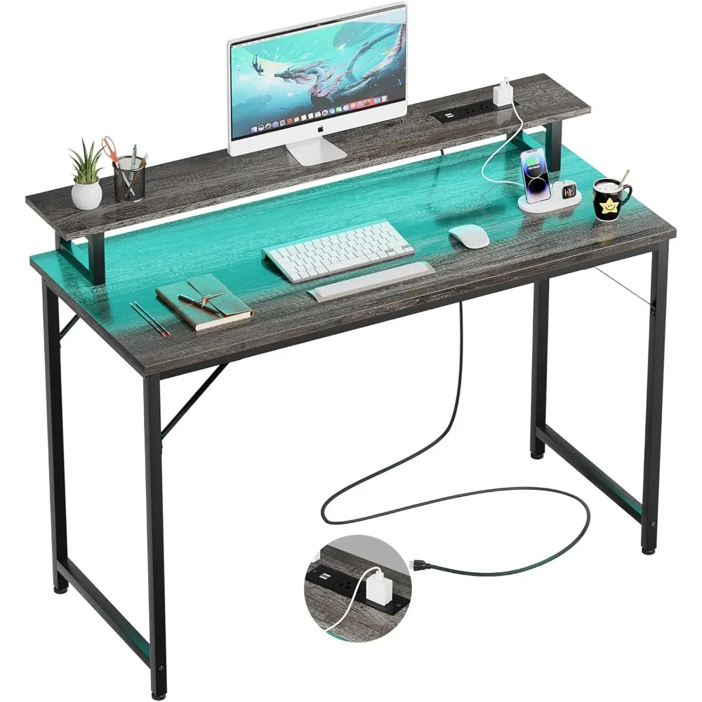 

Computer Desk with Power Outlets, Gaming Desk with LED Lights, with Monitor Shelf, Study Writing Table for Small Spaces, Mesa