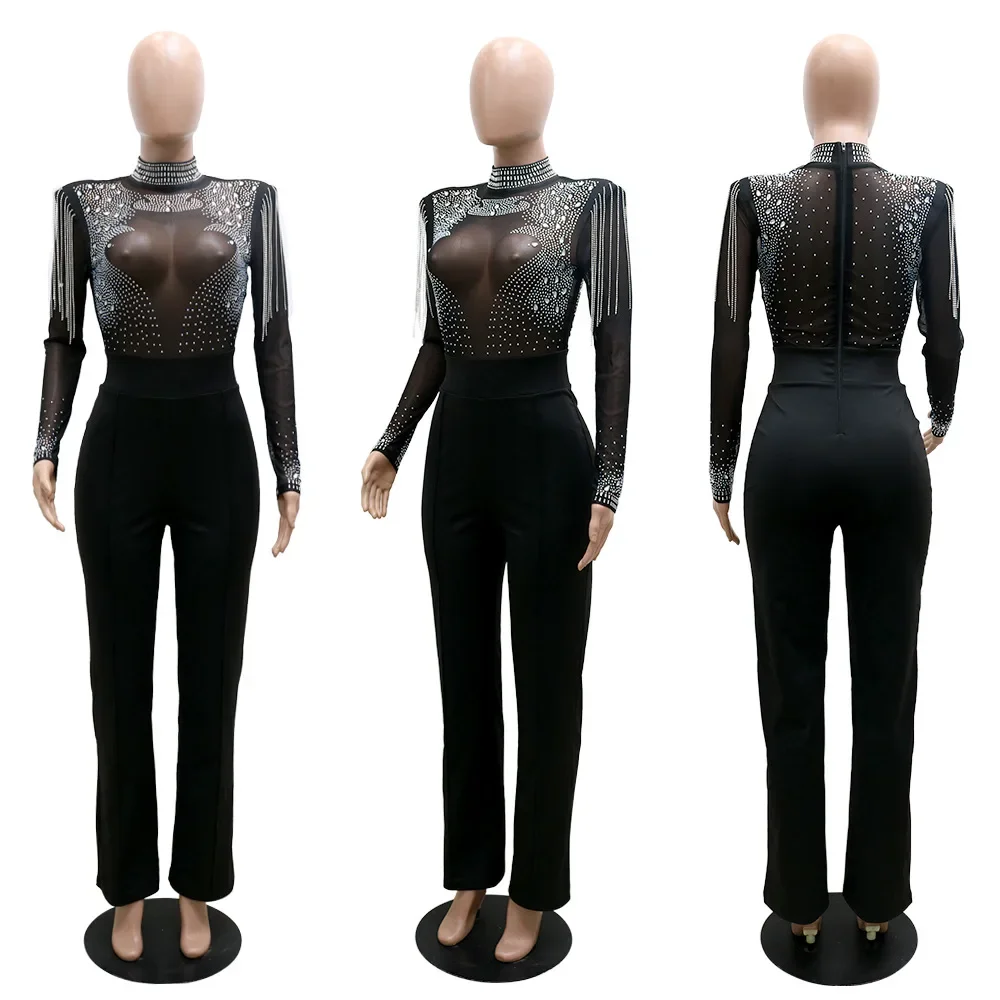 CM.YAYA Women Jumpsuit Solid High Collar Hot Drill Mesh Shoulder Cotton Long Sleeves Long Straight Jumpsuit Sexy Party Outfits 5