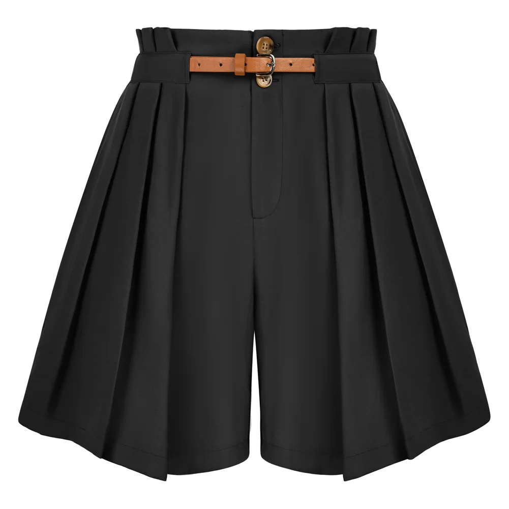 Belle Poque Women Vintage High Waist Wide Leg Shorts With Belt Summer Beach Shorts With Pockets & Belts Pleated Front Short Pant