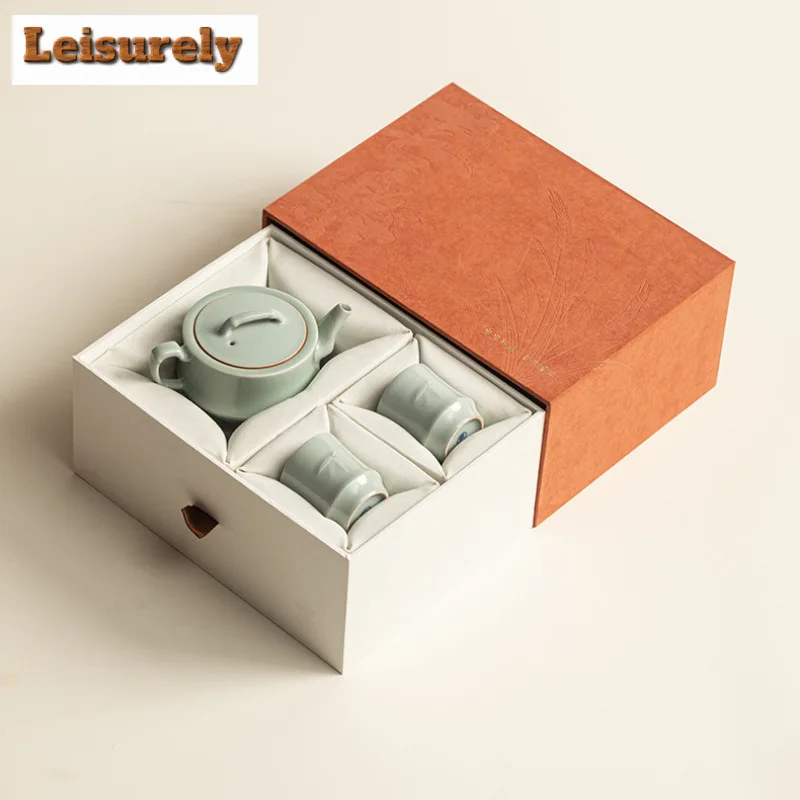 Ru Kiln Bamboo Knot Azure Tea Set Complete Set Luxury Tea Lid Set Tea Ceremony Set Teapot And Tea Cup Set Drinkware Craft Gift