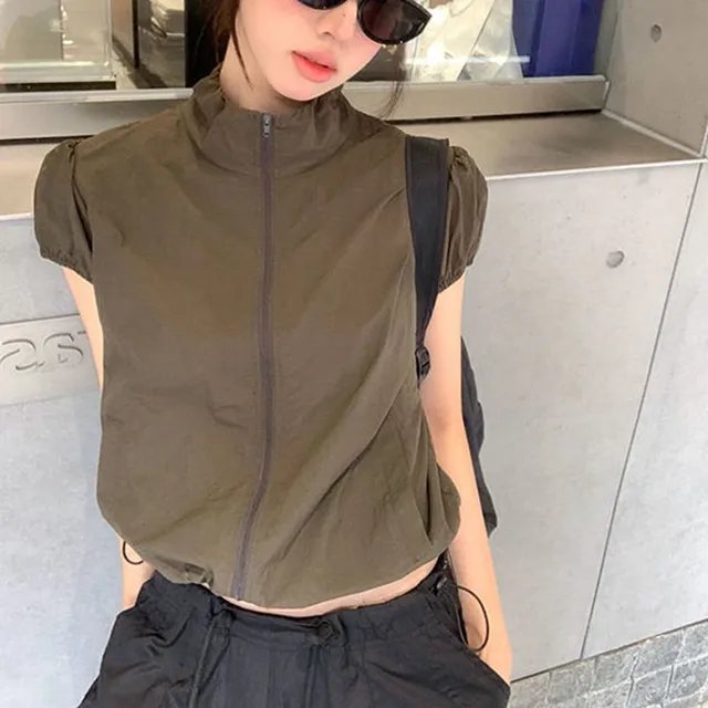 Women'S Clothing Sales New Street Retro Top Camping Style Thin Zipper Stand Up Neck Short Sleeve Sun Short T Shirt Instagram Y2k 3