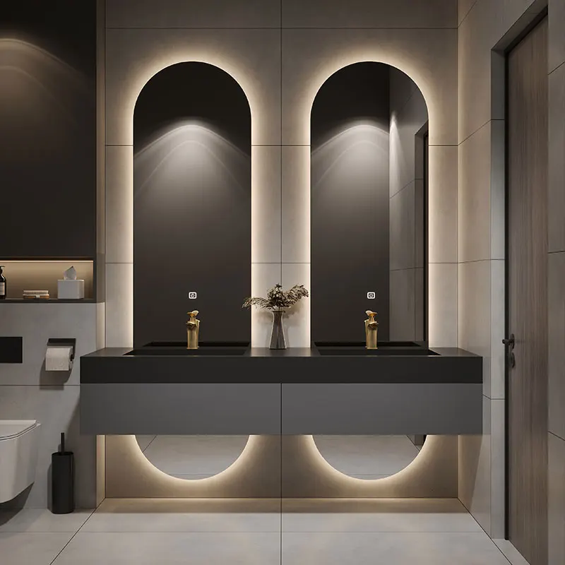 

High-end villa bathroom cabinet combination light luxury rock slab integrated basin