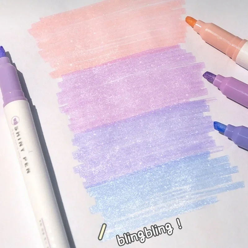 Highlighter Pen 4 Colors Highlighter Pens Shining Highlighter Markers Kawaii Stationery Supplies Back to School Accessories for Girls Students