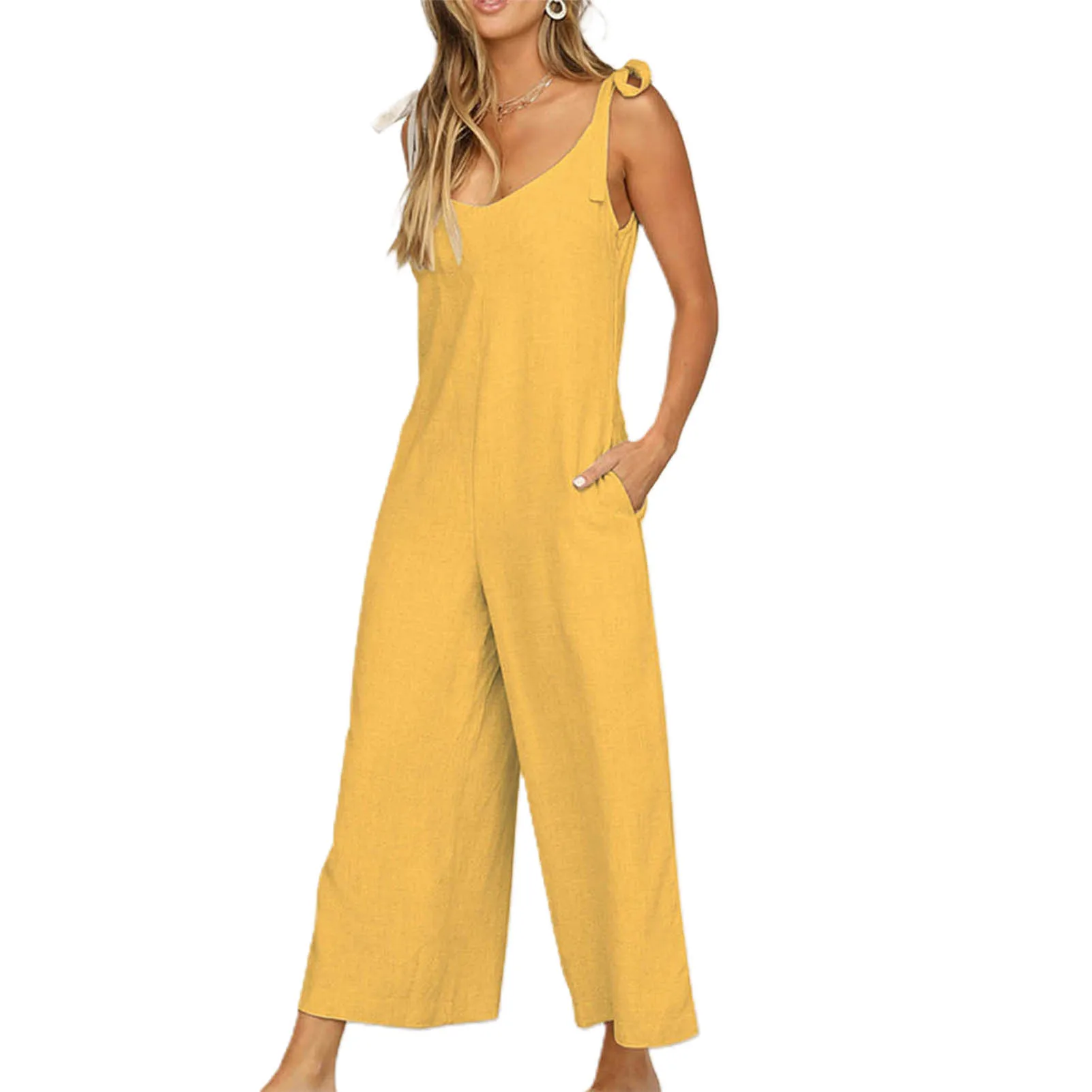 Xengrekwn Women's Sleeveless Jumpsuit - Spaghetti Strap, Wide Leg, Casual Romper With Pockets