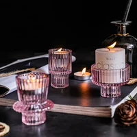 Vintage European Candles Holders Amber Pink Transparent Glass Candlestick Nordic Vertical Patterned Table Candle Stand 3