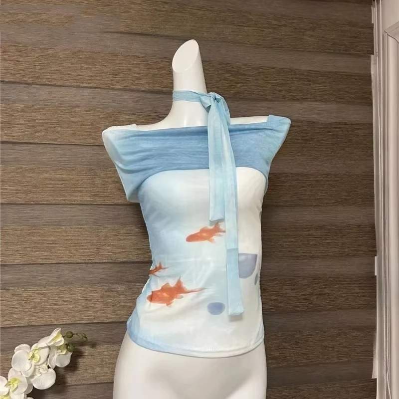 Chic Fish Print Tshirts Women Clothing Gauze Bandage Summer Camisetas Korean Tees Slash Neck Tunic Sexy T-shirt 2026 Ropa Mujer