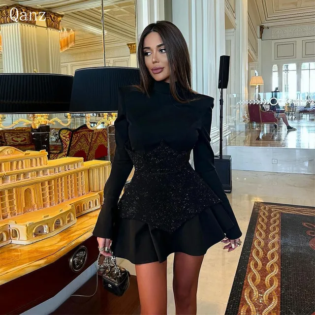 Qanz Sparkle Long Sleeves Prom Dresses Black Satin High Neck Short