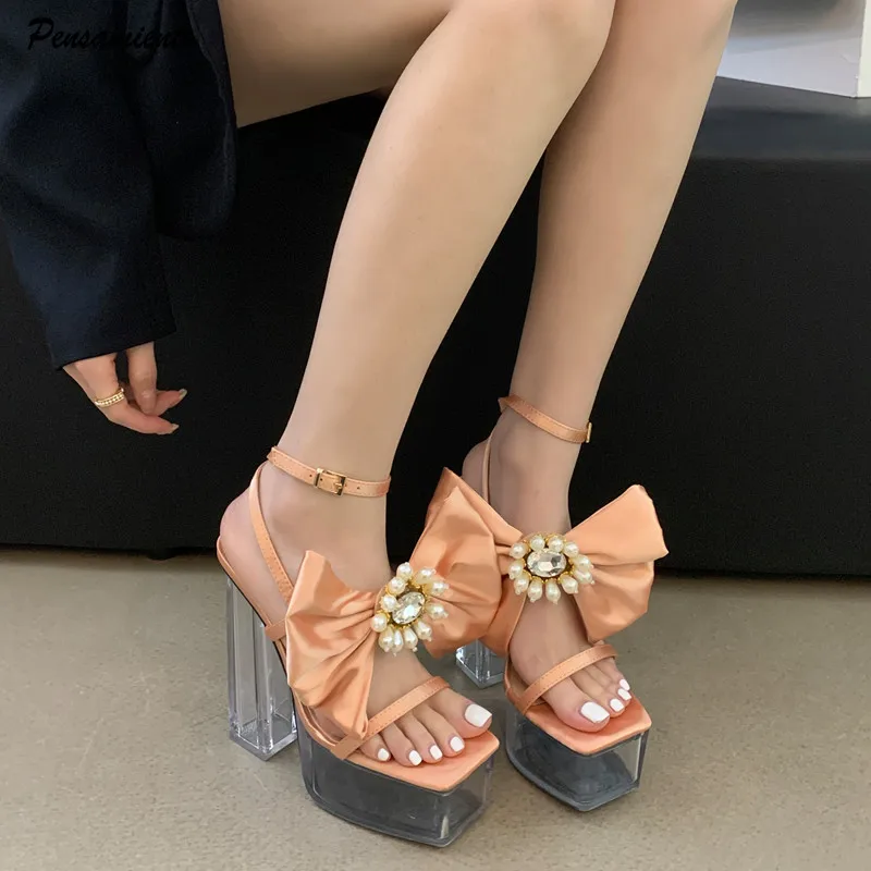 

Runway style Plearl Rhinestones Big bowknot Women Sandals Fashion Square toe Platform Wedge Gladiator Sandals Summer Party Shoes