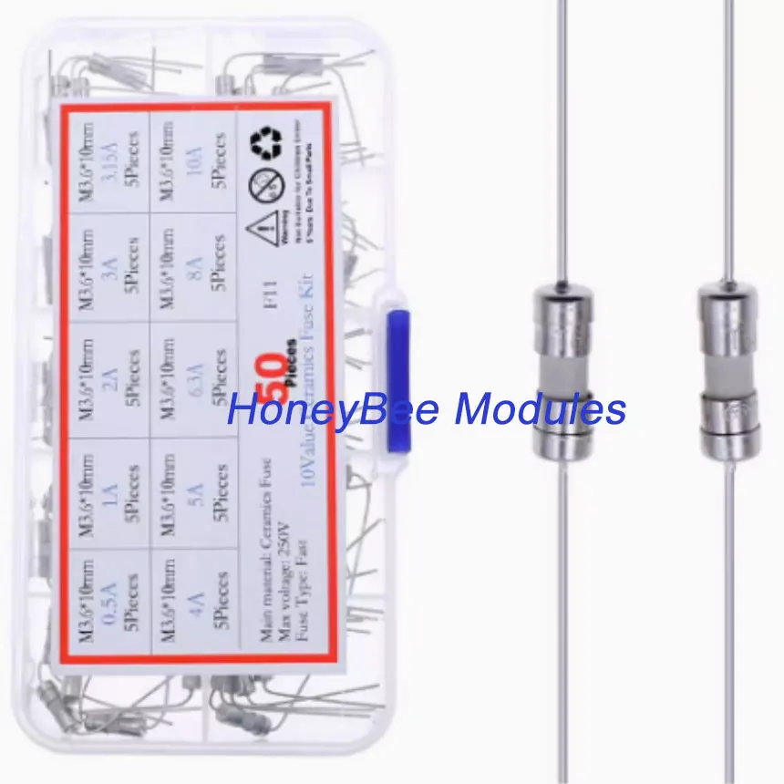 

10 kinds of 50pcs(0.5A-10A) 3.6*10mm ceramic fuse with pins fuse mixing kit