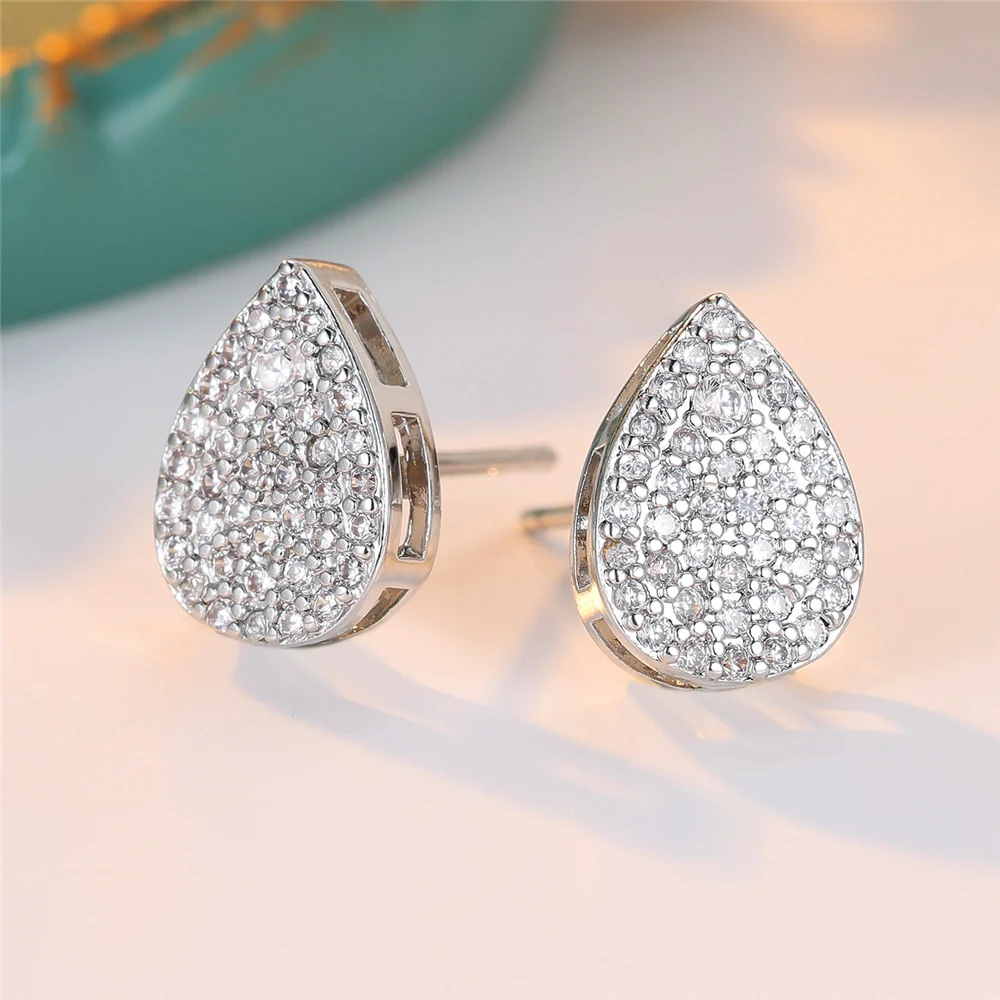 Cute Female White Zircon Cute Water Drop Stud Earrings Classic Silver Color Wedding Jewelry For Women