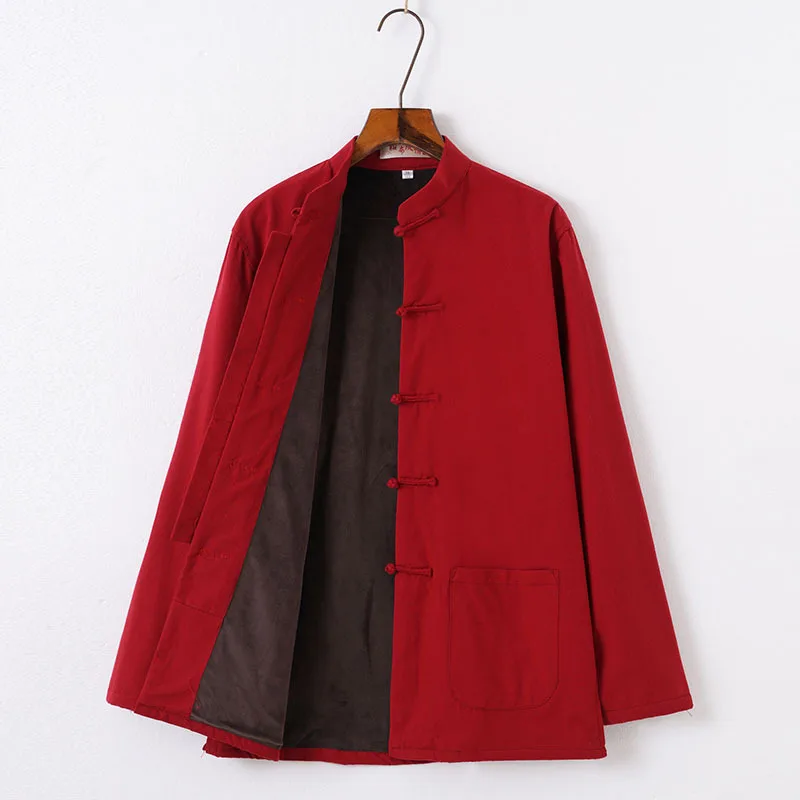Men's Casual Jacket Autumn Winter Plus Velvet Kung Fu Coat Traditional Chinese Tang Suit Coat Tai Chi Uniform Cotton Tops