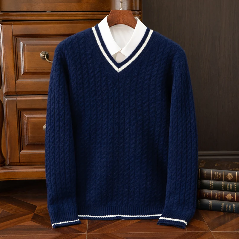 S-XXXL New men's 100% wool V-neck color blocked sweater for autumn and winter, casual knitted pullover full sleeve men's sweater 2