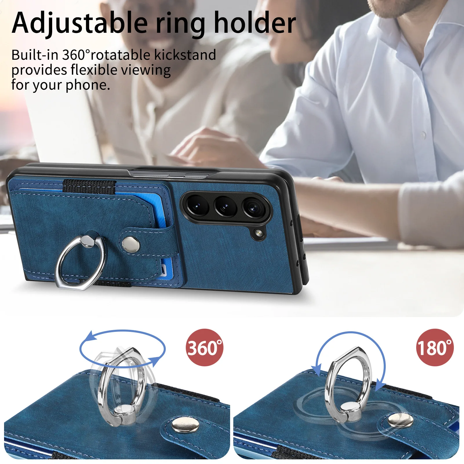 Retro Leather Ring Wallet Phone Case with Card Holder and Protective Cover