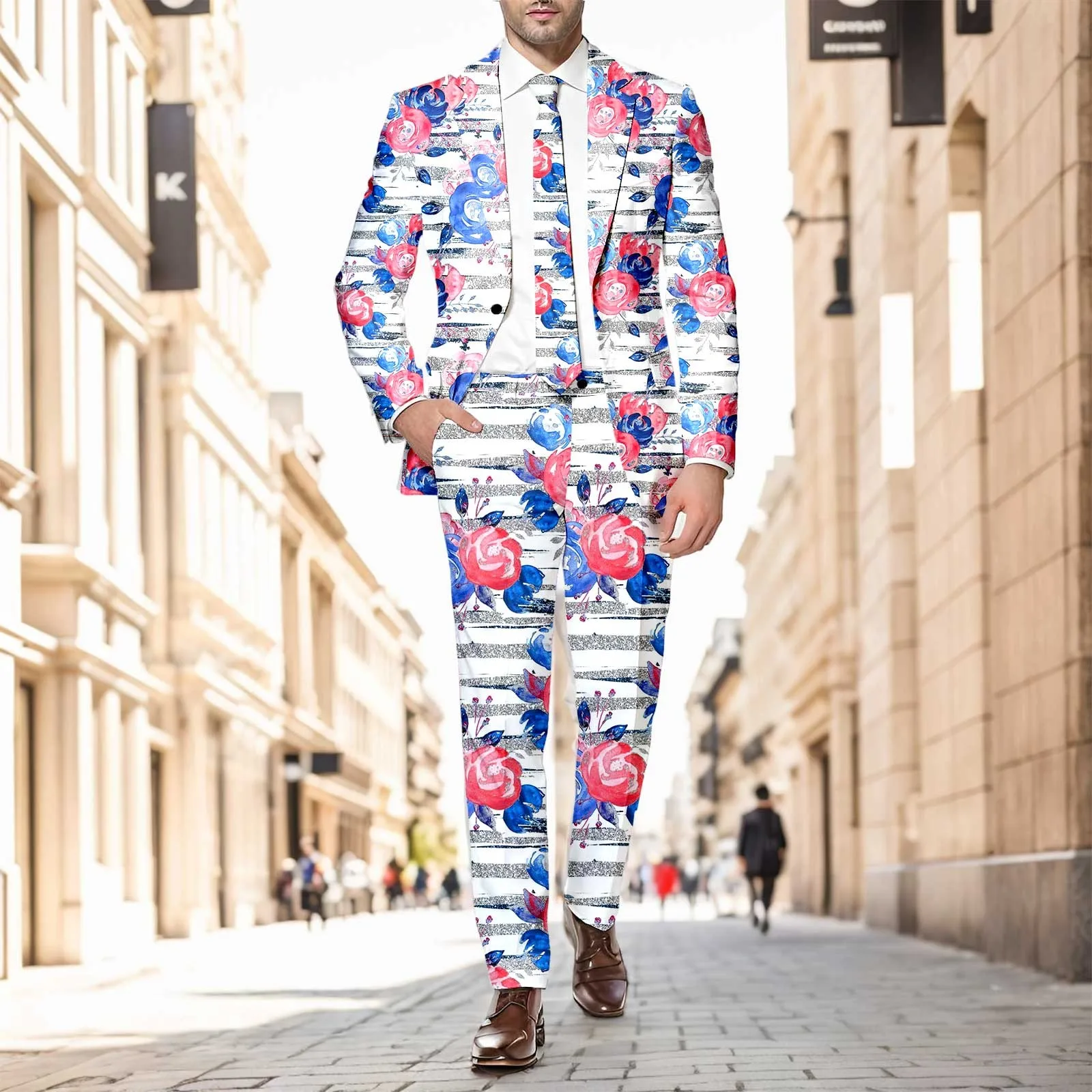 Men Blazer Pants Red Love Heart Print Slim Fit One Button Pockets Suit Set Men Clothes Business Suit Jacket Trousers Outfit