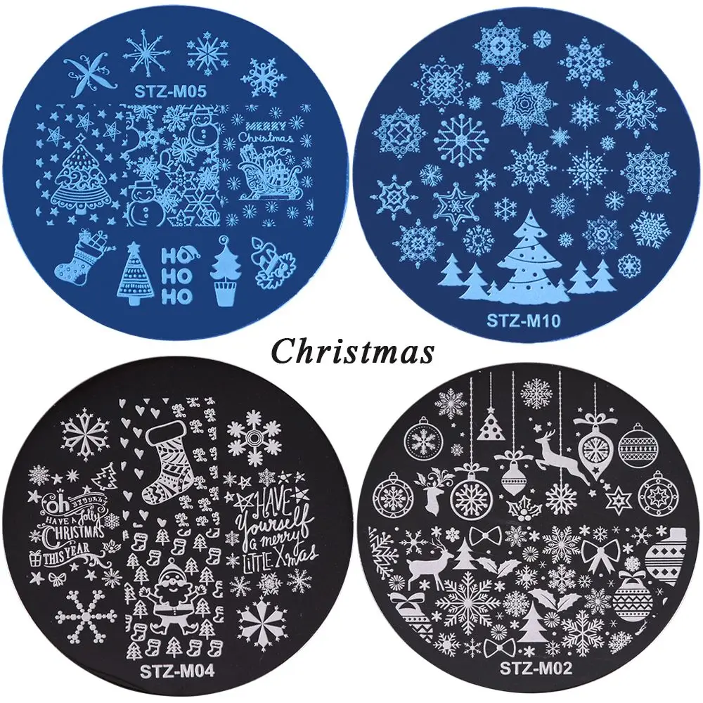 Beauty Stainless Steel Snow Flake Flower Elk Stamping Plates Round Nail Art Template Stamp Stencil Christmas 2