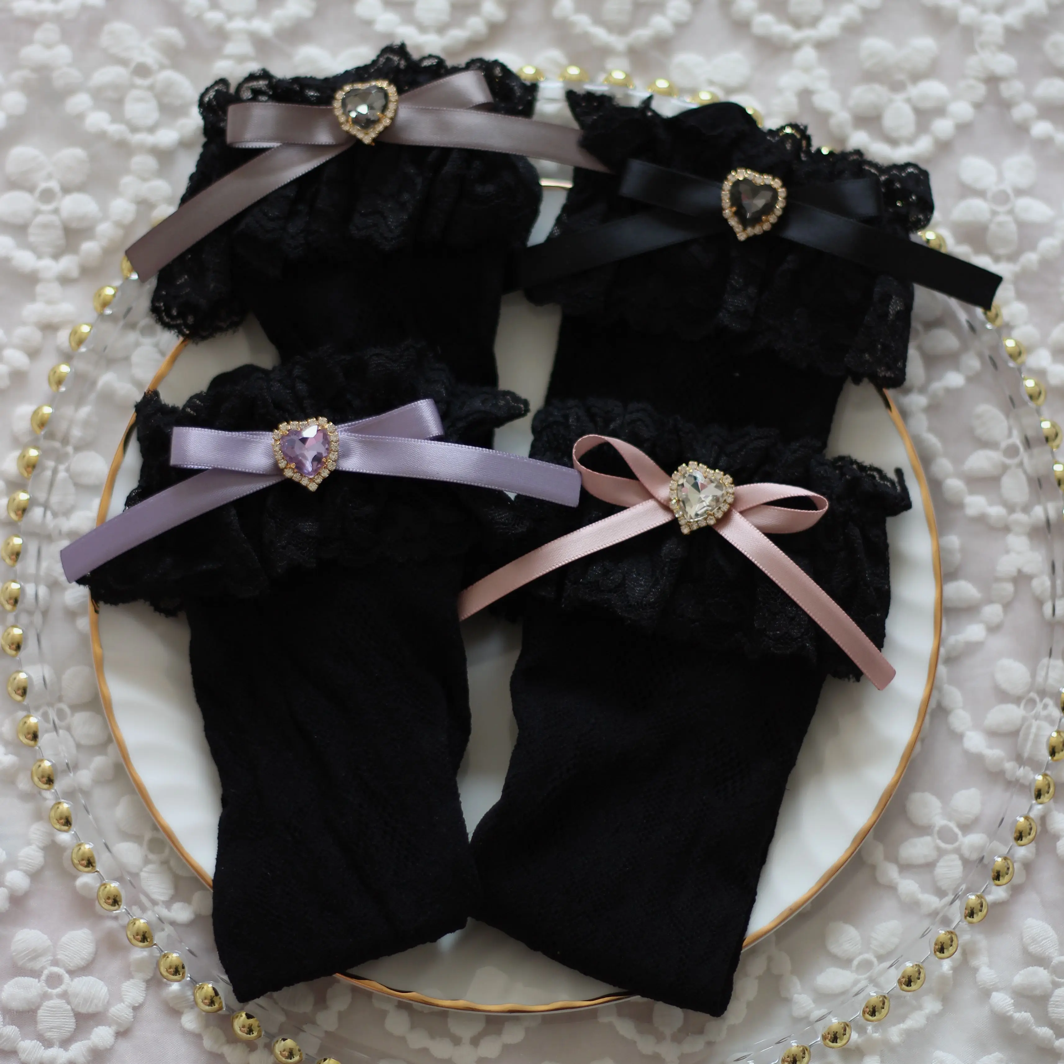 Handmade Japanese Style Sweet Girl Lace Lace Mid-Calf Length Socks Bowknot Lovely Summer Cute Girl Solid Color Thin Socks
