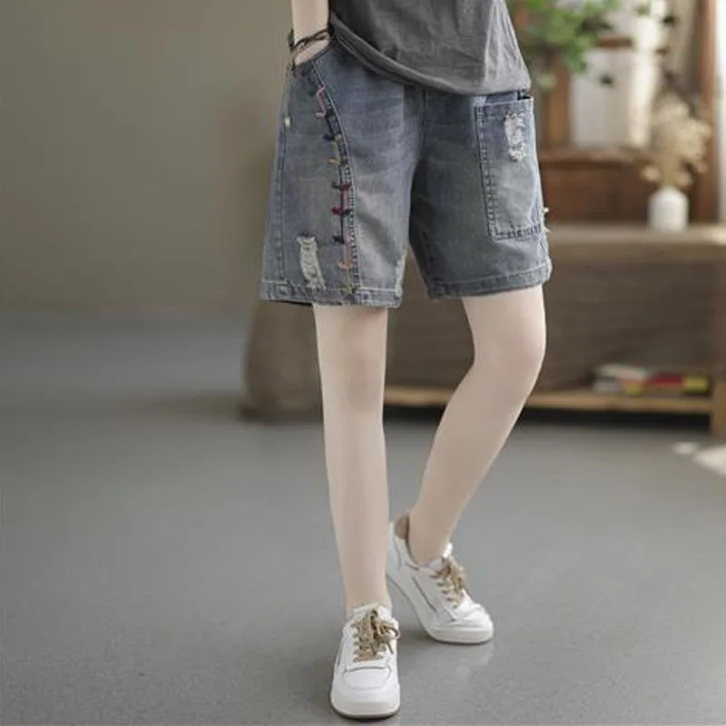 Trend Summer Fashion Pockets Patchwork Denim Shorts Female Casual Vintage Elastic High Waist Wide Leg Shorts Women's Clothing