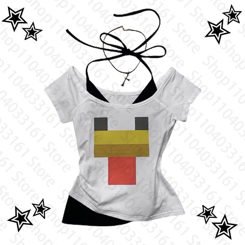 Harajuku Streetwear Sweet Girls Sexy T-Shirts Graphic 2000s Cute Womens Printed Aesthetic Fairy Off shoulder top Y2k Clothes 1