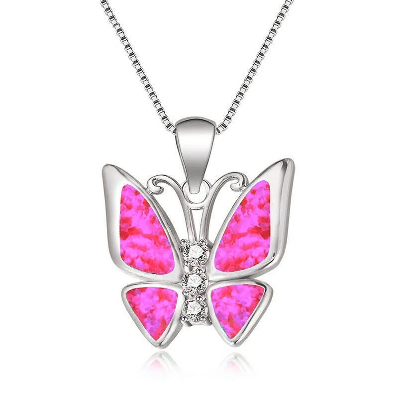 White Simulated Opal Butterfly Silver Pendant Necklace
