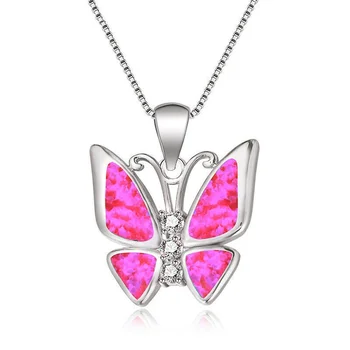 White Simulated Opal Butterfly Silver Pendant Necklace