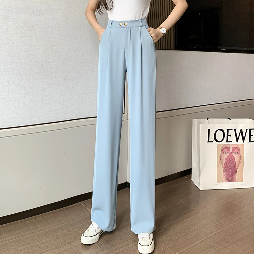 

Woman Wide Leg Pants Casual Summer Loose Button Female Ice Silk Floor-Length Office Ladies Suits Pants Ladies Long Trousers