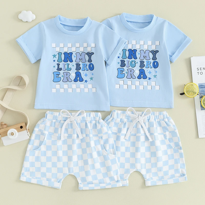 

2024-01-29 Lioraitiin фотография для маленьких мальчиков, блузка с надписью и шорты в клетку с эластичным поясом, комплект одежды