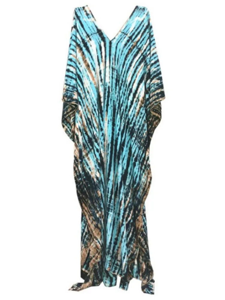 Fashion Casual Striped Print Long Dresses Women Bohemian V-neck Bat Sleeve Loose Slit Beach Dress Summer New Beachwear Vestidos