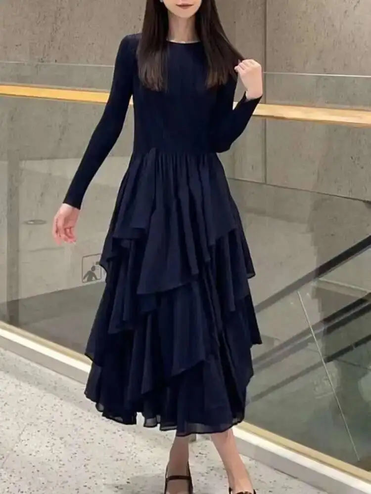 LANMREM Ruffles Pleated Dress Women's Round Neck Long Sleeves Layers Solid Color Stitching Party Clothing New Trendy 2DA2217 - Image 4
