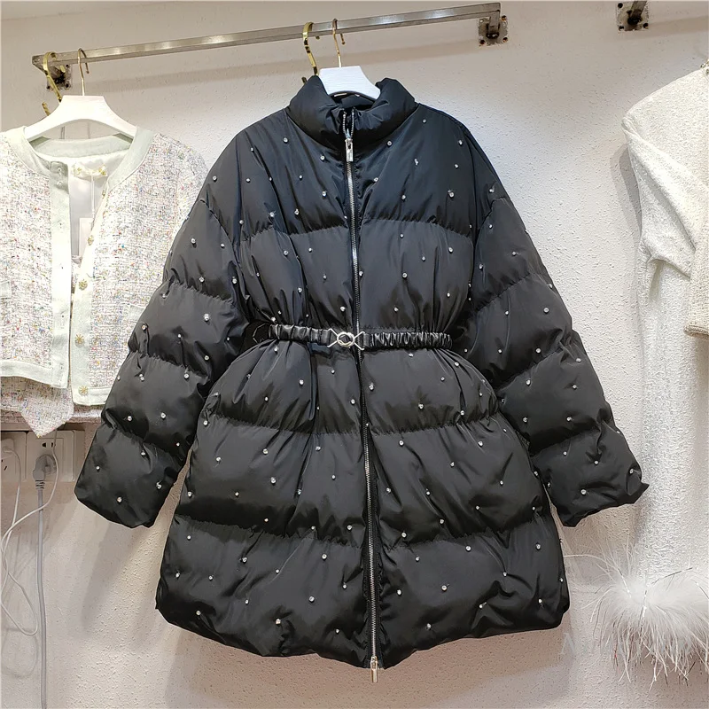

New Style Rhinestone Beaded Belt Belt Cotton Clothes Women's 2021 Winter Mid-length Thick Parka Coat Korean Warm Jacket