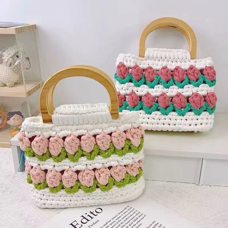 

Handwoven Tulip Handbag, DIY Handmade Gift, Woven Material Wrapped in Crochet Yarn, Gift for Friends, Crochet Set for Knitting