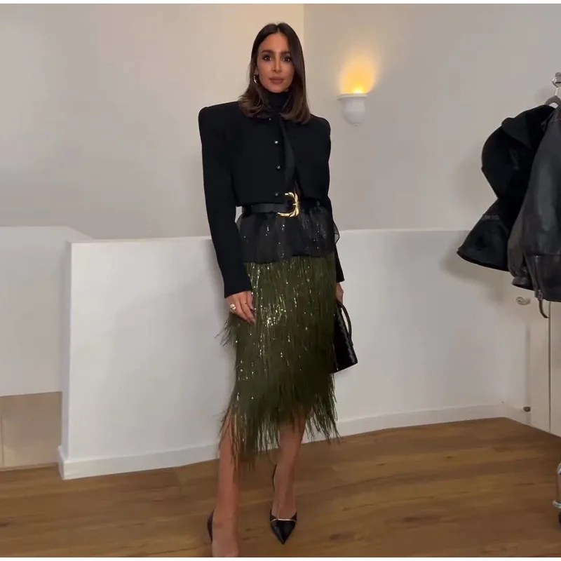 Women's Olive Green Sequin Fringe Midi Skirt Sparkly Tassel Party Skirt for Evening Clubwear 2025 Festival New Sexy Lady Skirts 18 S73715869cab94165abcf77c1024a5882f