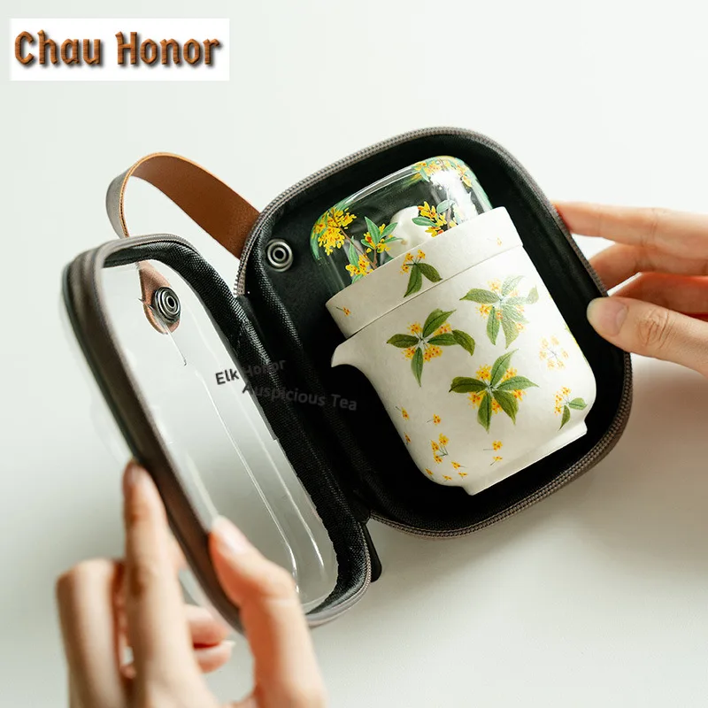 Hand-painted Osmanthus Flowers Travel Tea Set Kit Elegant 1 Pot 3 Cups Tea Maker Organizer Portable Outdoor Handbag Accessories