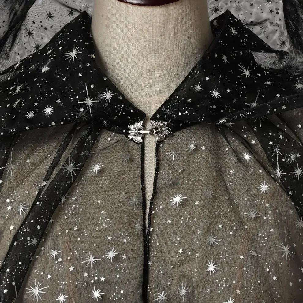 Vintage Wedding Party Sash Cape Long Tail Medieval Fairy Black green Shawl Gothic Wicca Robe Shinny Halloween Witch Cloak Hoode - Image 2