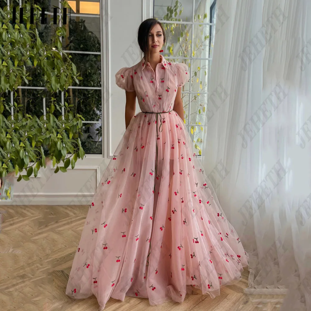 

JEHETH Floral Print Prom Dresses Short Puff Sleeves Pink A-Line Floor Length Tulle Pastrol Party Gowns Formal Occasions Dress