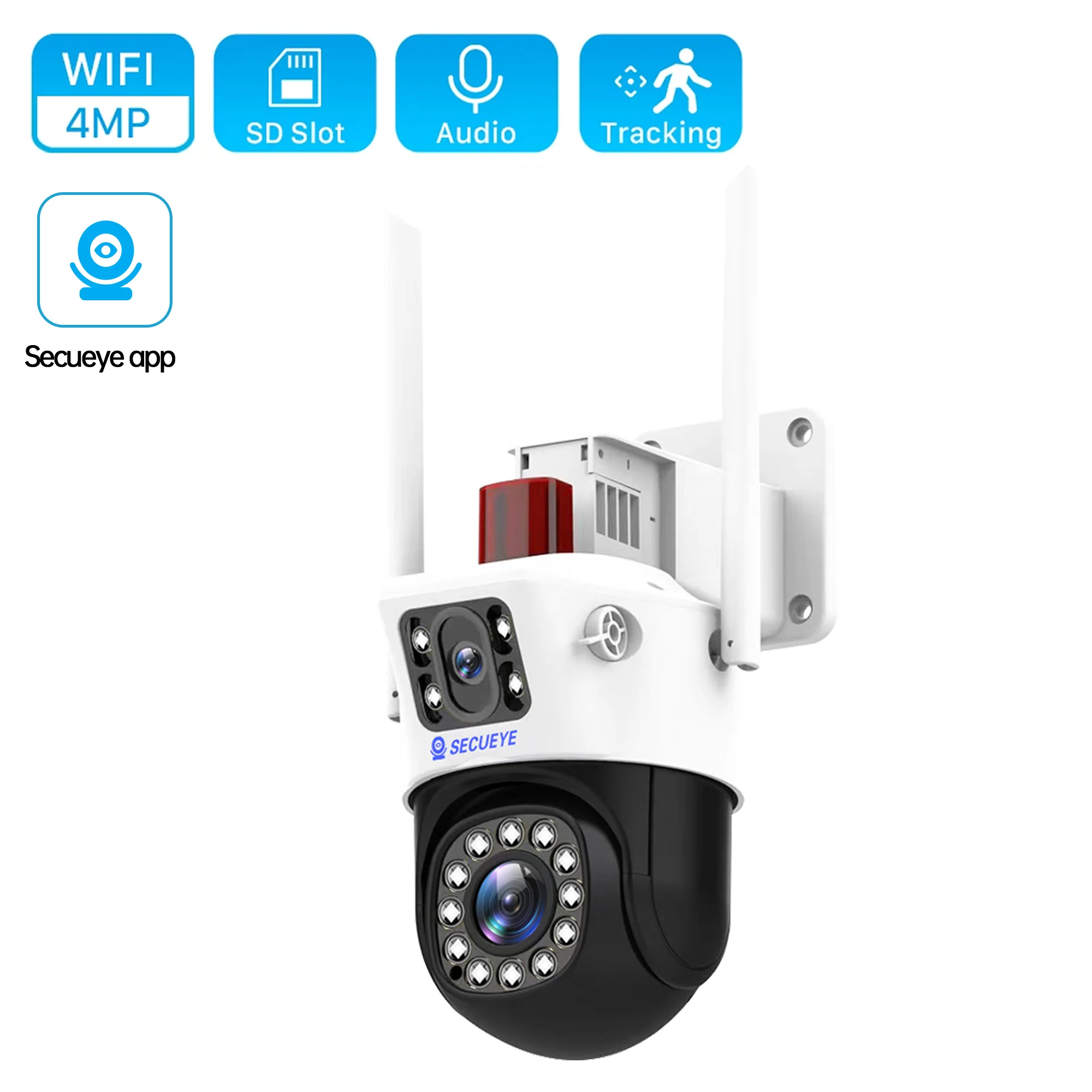 Secueye 4MP Dual Lens Smart Wifi Bullet-Dome Linkage PTZ Camera 10X Digital Zoom Color Night Vision Human Shape Tracking Camera