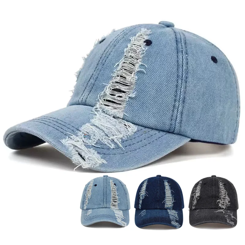 New Solid Color Ripped Baseball Cap Washed Denim Snapabck Hat Hip Hop Breathable Streetwear Distressed Hats for Women Men