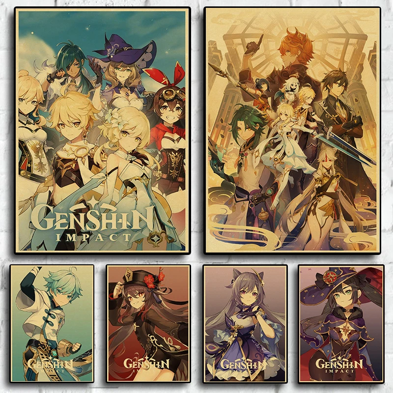 

Genshin impact Anime Game Retro Poster For Kids Room Living Study Bar Cafe Canvas Painting Cartoon Wall Art Home Decor Picture