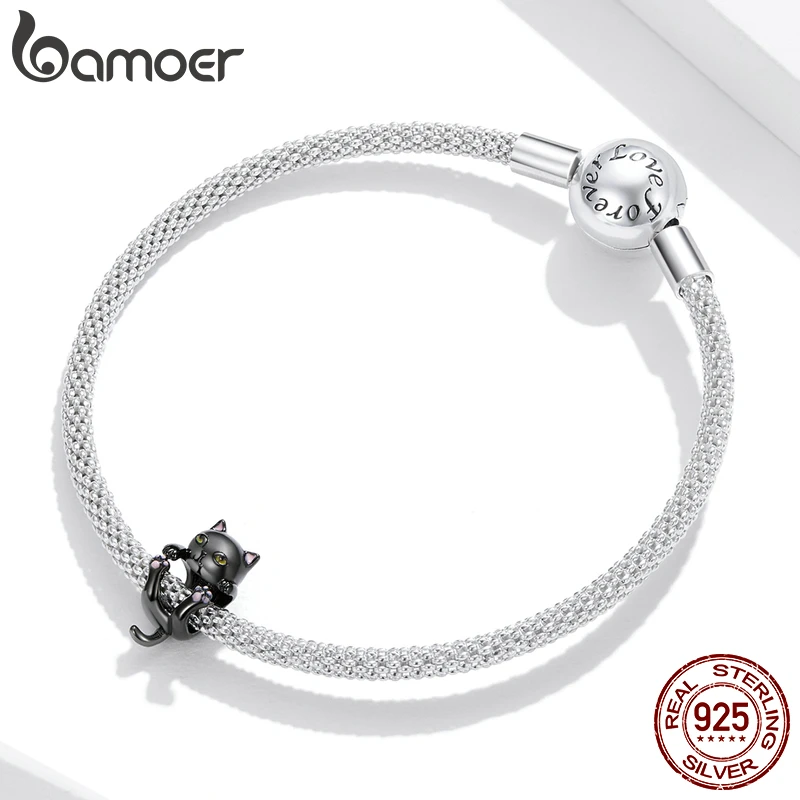 925 Sterling Silver Cartoon Black Cat Charm Beads Fit Original Bracelet & Bangle Pet Pendant DIY Making Fine Jewelry