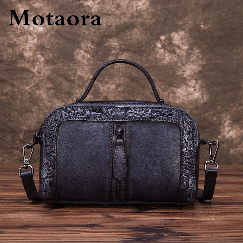 MOTAORA Genuine Leather Women Shoulder Bag Vintage Embossed Top-handle Bags For Female Hand-painted Retro Crossbody Bag Ladies