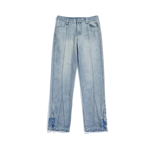 Chic Line Trousers Jeans Men Fashion Zipper Button Decor High Street Straight Brown Denim Neutral Casual Jean Pants Male